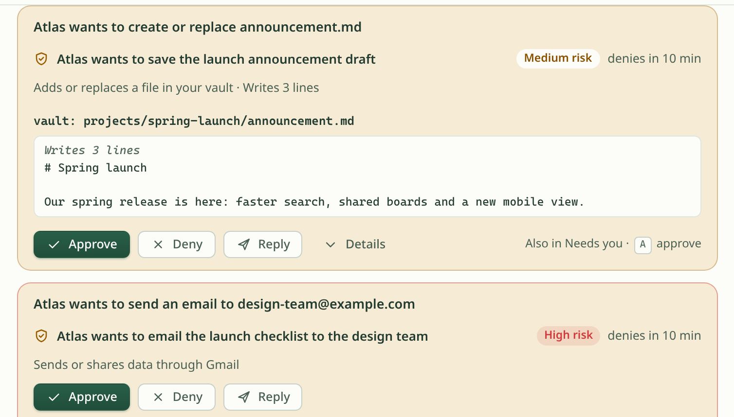 Two approval cards in the Atlas chat. One asks to save the launch announcement draft, marked medium risk, showing the file and the lines it writes. The other asks to email the launch checklist to the design team, marked high risk. Each has Approve, Deny and Reply buttons and is denied after 10 minutes without an answer.