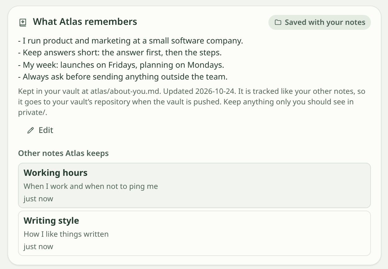 The What Atlas remembers card in Juggr: four short notes about how the user works, such as keep answers short and always ask before sending anything outside the team, saved with the user's notes, with an Edit button and other notes Atlas keeps on working hours and writing style.